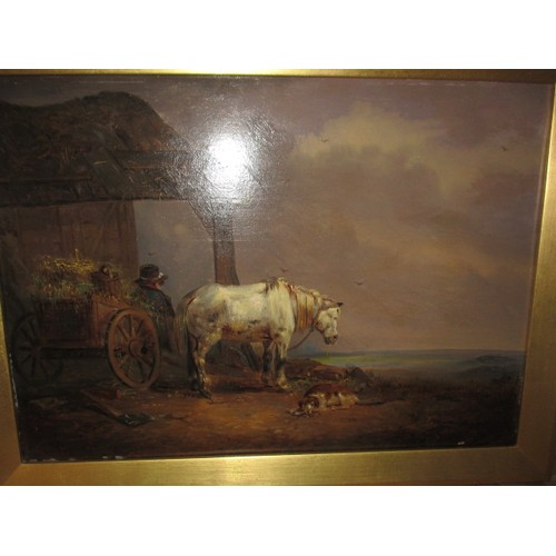 240 - A 19th Century oil on board horse and cart painting, unsigned. In later gilt frame, approx. image si... 