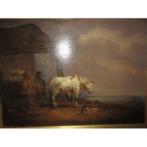 240 - A 19th Century oil on board horse and cart painting, unsigned. In later gilt frame, approx. image si... 