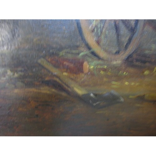 240 - A 19th Century oil on board horse and cart painting, unsigned. In later gilt frame, approx. image si... 