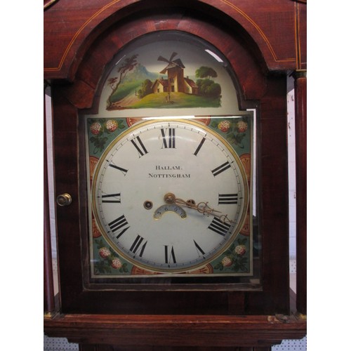 277 - A 19th century oak cased, painted dial long case clock, marked Hallam Nottingham. With cabinet key, ... 