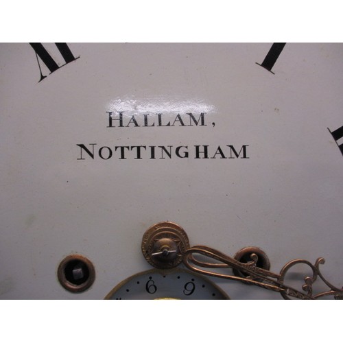 277 - A 19th century oak cased, painted dial long case clock, marked Hallam Nottingham. With cabinet key, ... 