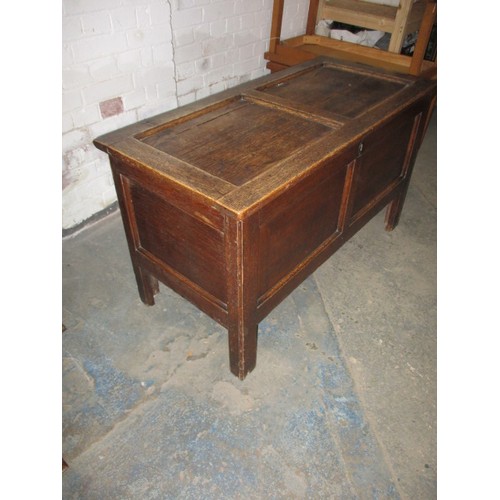 258 - A late 18th Century Oak panel constructed coffer. Approx. width 112cm, height 64cm, depth 52cm. Age ... 