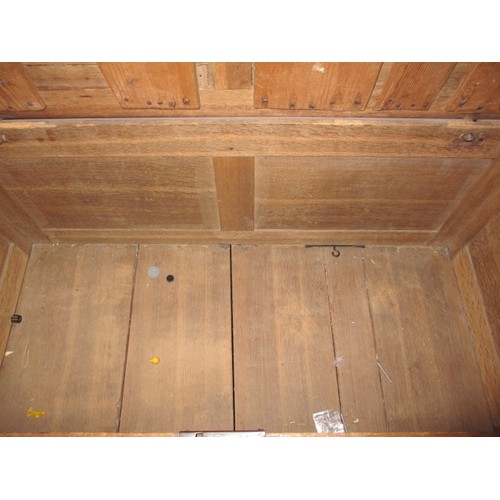 258 - A late 18th Century Oak panel constructed coffer. Approx. width 112cm, height 64cm, depth 52cm. Age ... 