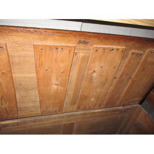 258 - A late 18th Century Oak panel constructed coffer. Approx. width 112cm, height 64cm, depth 52cm. Age ... 