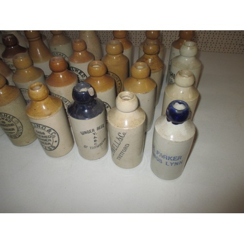 287 - 40 vintage stoneware ginger beer bottles, all with manufacturers names from Norfolk, some damages bu... 