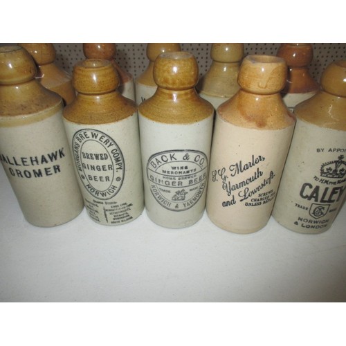 287 - 40 vintage stoneware ginger beer bottles, all with manufacturers names from Norfolk, some damages bu... 