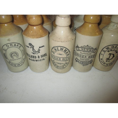 287 - 40 vintage stoneware ginger beer bottles, all with manufacturers names from Norfolk, some damages bu... 