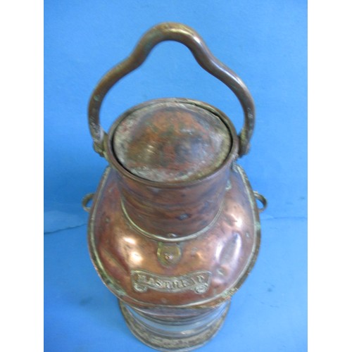 263 - An antique copper ships lantern, possibly from a barge, approx. height 39cm, having age-related mark... 