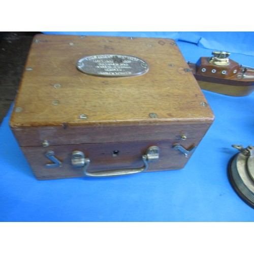 281 - A parcel of marine related items, to include 2 gimbal compasses, one boxed, a port hold ash tray and... 