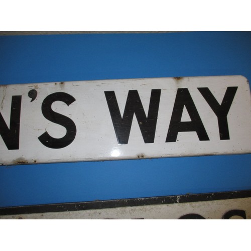 251 - A vintage enamel street sign for Queens Way and an aluminium example for Burton Close, both from str... 