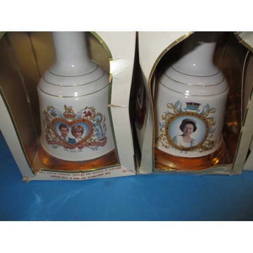 271 - 4 Bells old scotch whisky commemorative decanters by wade, three at 75cl the other 50cl, all unopene... 