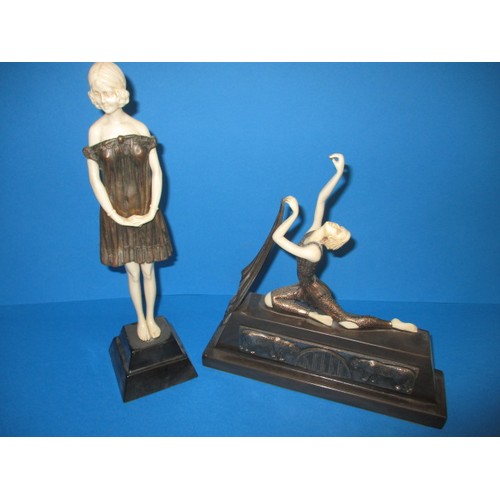 136 - Two late 20th century art deco figures, both in used condition, one with a loose arm, but no damage