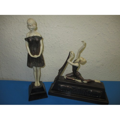 136 - Two late 20th century art deco figures, both in used condition, one with a loose arm, but no damage