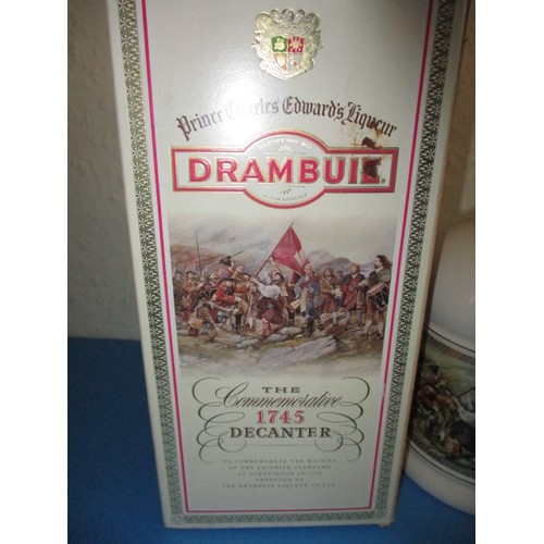 256 - Prince Charles Edward’s Liqueur Drambuie in decorative Wade decanter 75cl and an empty Dimples whisk... 