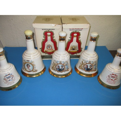 254 - 5 Bells old scotch whisky Royal commemorative decanters by wade, 3 of 75cl and 2 of 50cl and 2 in bo... 