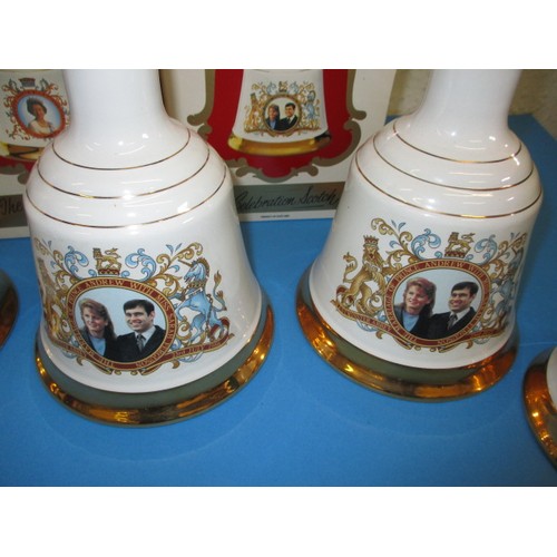 254 - 5 Bells old scotch whisky Royal commemorative decanters by wade, 3 of 75cl and 2 of 50cl and 2 in bo... 