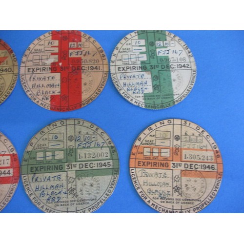 129 - A collection of vintage vehicle excise duty discs, (formally known as road tax) dating 1939 to 1952,... 