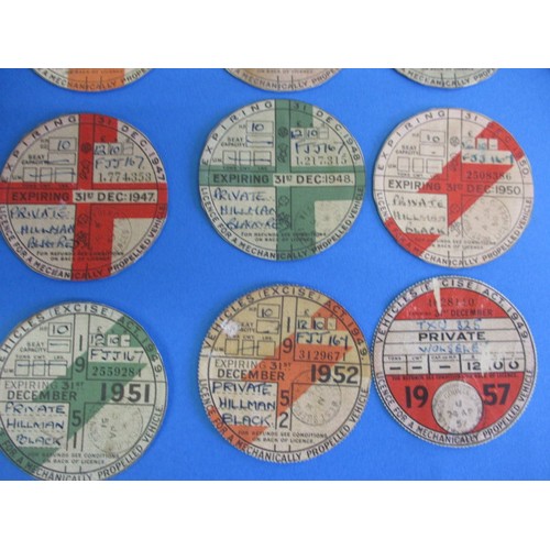 129 - A collection of vintage vehicle excise duty discs, (formally known as road tax) dating 1939 to 1952,... 