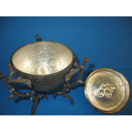 128 - Table decorations consisting of 2 white metal pheasants and a covered pot with a nesting bird