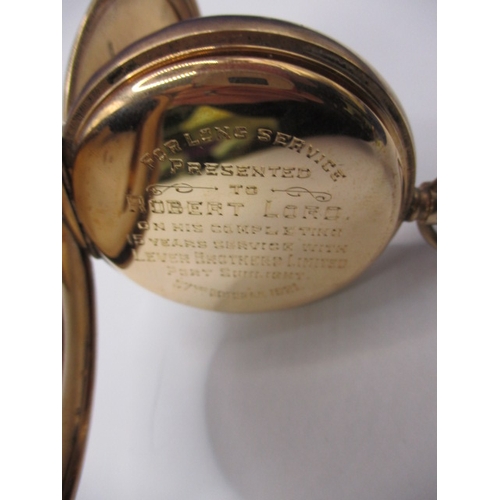 67 - A 1920s 9ct gold case half hunter pocket watch, with dedication from Lever Brothers Port Sunlight, r... 