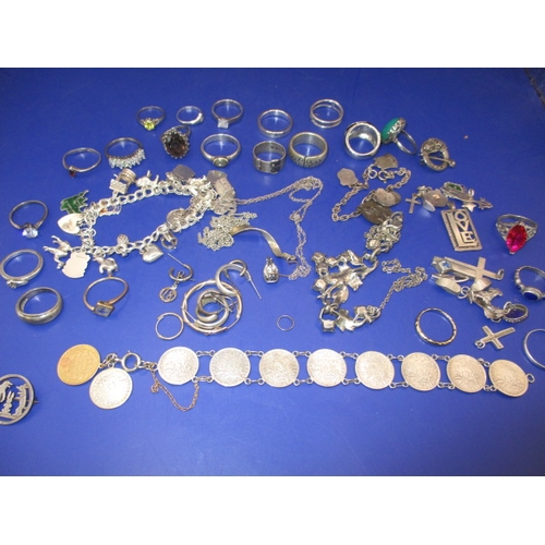 108 - A parcel of jewellery items, mainly silver to include a Pip Squeak and Wilfred brooch and a coin bra... 