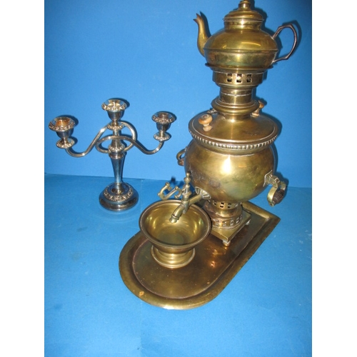 157 - A vintage brass samovar on tray and a plated 3 branch candlestick, all with use-related marks