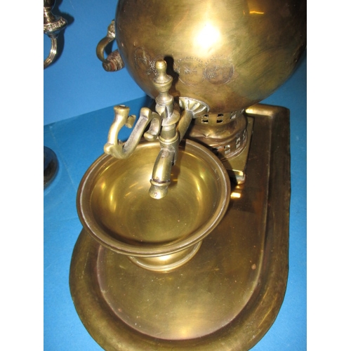 157 - A vintage brass samovar on tray and a plated 3 branch candlestick, all with use-related marks