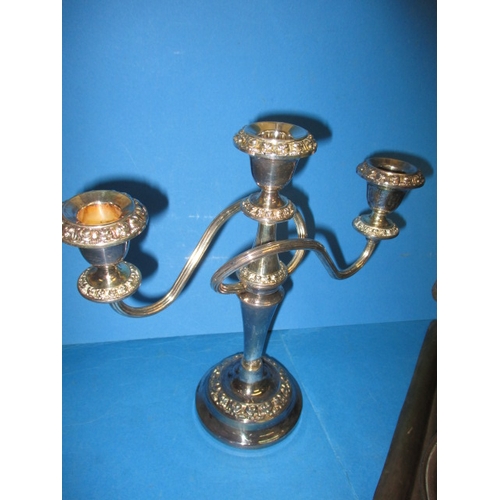 157 - A vintage brass samovar on tray and a plated 3 branch candlestick, all with use-related marks