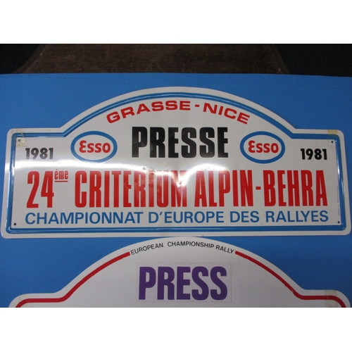 150 - Three genuine rally press reporter plates, all dated 1981, one embossed aluminium and two plastic, a... 