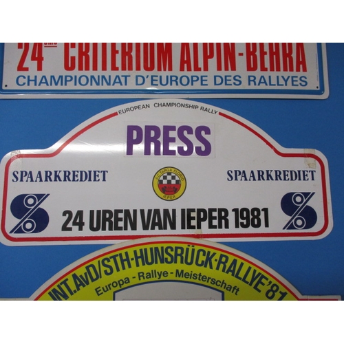 150 - Three genuine rally press reporter plates, all dated 1981, one embossed aluminium and two plastic, a... 