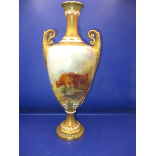 145 - A Royal Worcester twin handled pedestal vase decorated with highland cattle signed H Stinton approx.... 