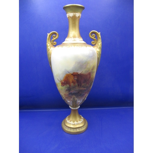 145 - A Royal Worcester twin handled pedestal vase decorated with highland cattle signed H Stinton approx.... 