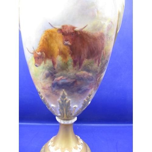 145 - A Royal Worcester twin handled pedestal vase decorated with highland cattle signed H Stinton approx.... 