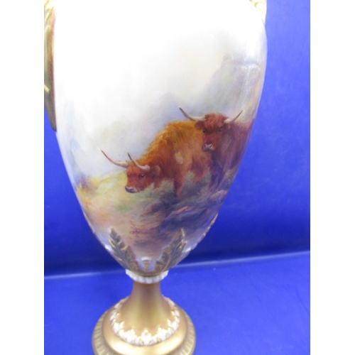 145 - A Royal Worcester twin handled pedestal vase decorated with highland cattle signed H Stinton approx.... 