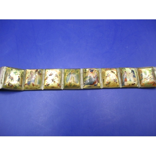 109 - A vintage Iranian hand painted mother of pearl bracelet on white metal body, in good used condition