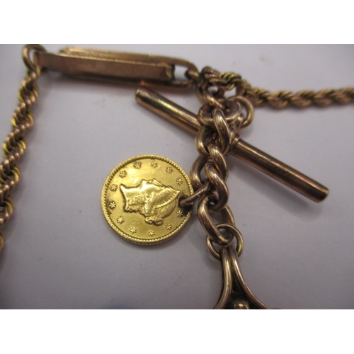 61 - An antique 9ct gold albert chain with blood stone fob and an 1853 American gold 1$ coin, approx. gro... 