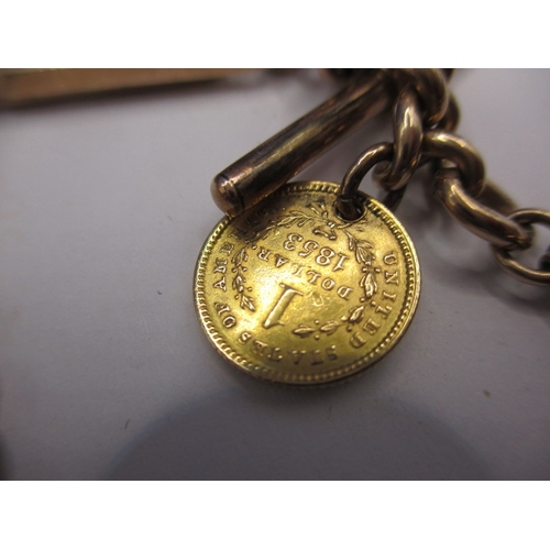 61 - An antique 9ct gold albert chain with blood stone fob and an 1853 American gold 1$ coin, approx. gro... 