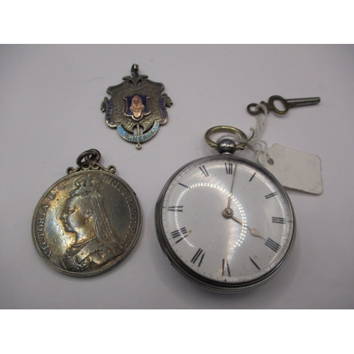 70 - An antique sterling silver pocket watch, in working order, a solver crown dated 1891 and a silver me... 