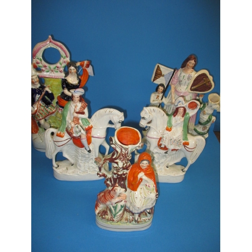 256 - 5, 19th century Staffordshire flatbacks, to include a large “Band of Hope” spill vase, the dancing S... 