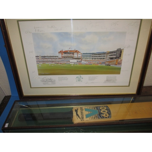 293 - A 2001 Ashes series signed cricket bat in glazed case and 4 signed limited edition sporting prints, ... 