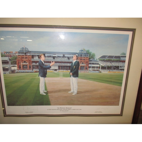 293 - A 2001 Ashes series signed cricket bat in glazed case and 4 signed limited edition sporting prints, ... 