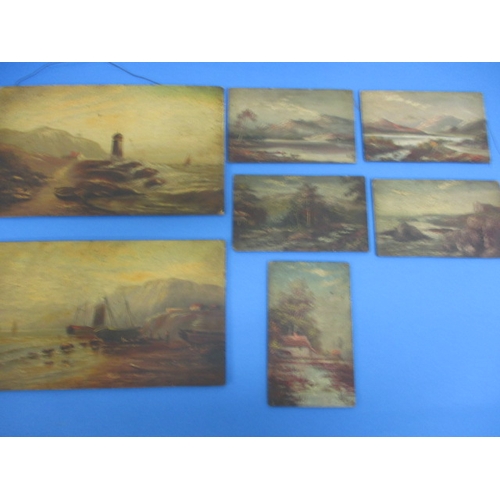 291 - 19th century oil on board landscapes, all signed Hugh Church, 7 in total, all unframed and in need o... 