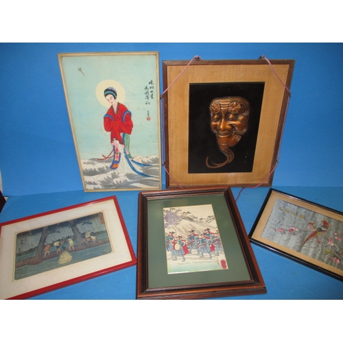 290 - 5 framed Oriental pictures, various ages, all in good used condition, approx. size of largest 53x31c... 