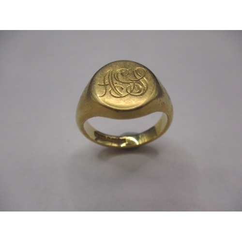 A vintage 18ct yellow gold signet ring, approx. ring size ‘M+’, approx. weight 11.9g having initials to front, in good used condition