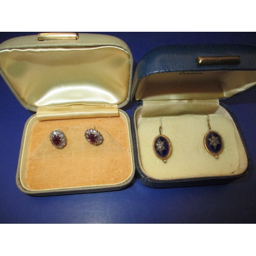 74 - Two pairs of vintage earrings, one having diamonds on rich blue enamel, both unmarked metal, in good... 