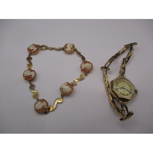 75 - A vintage 9ct gold cameo bracelet and a 9ct gold cased watch with plated strap, in used condition wi... 