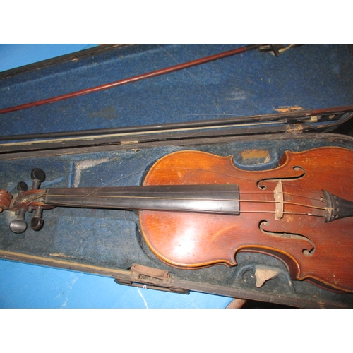 4 - Two vintage violins with bows, both in hard cases, in used condition with age related marks