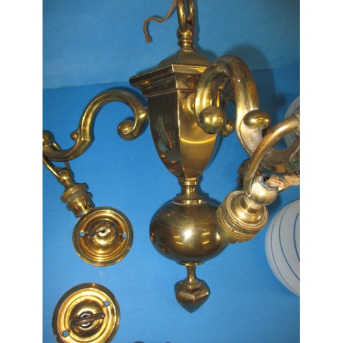 56 - Two antique brass 3 branch ceiling lights, converted from gas to electric, approx. drop 44cm and 36c... 