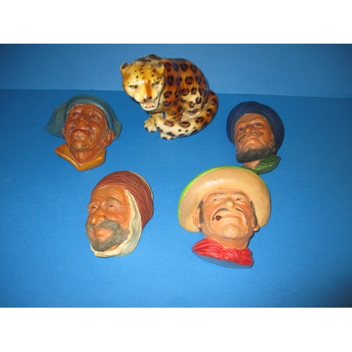 82 - 4 Vintage Bossons heads and a ceramic tiger, all in good pre-owned condition