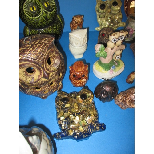 85 - A vary large quantity of owl figures, to include a glass example by Wegdwood, various materials and ... 